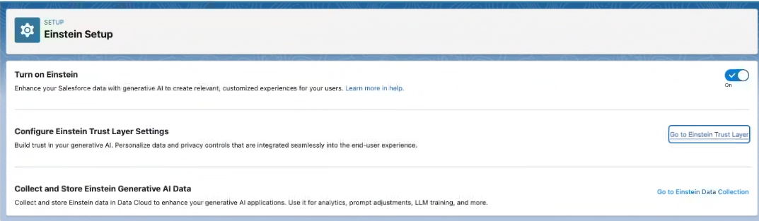 Einstein Setup dialog with options to enable Einstein generative AI, Trust and Auditing