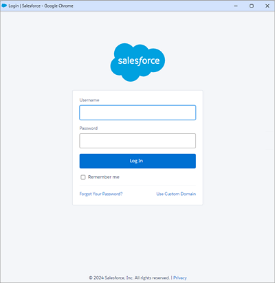 Salesforce login page with fields for username and password and a blue Log In button.