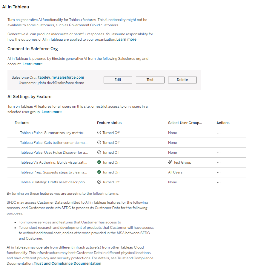 Site setting to enble features for AI in Tableau