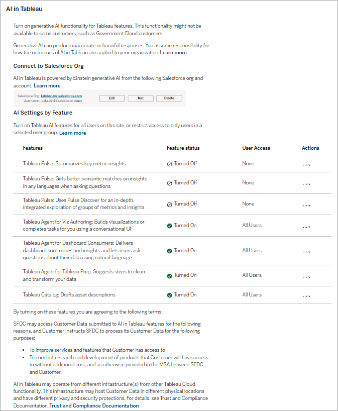 AI in Tableau site setting section.