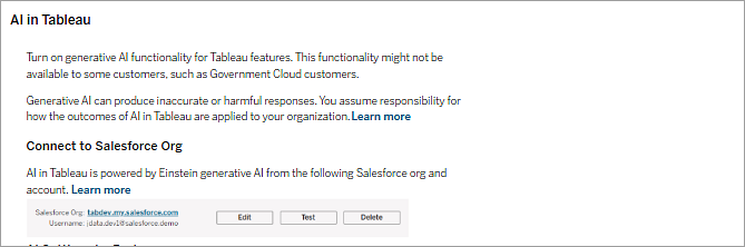 AI in Tableau site setting showing the Connect section.