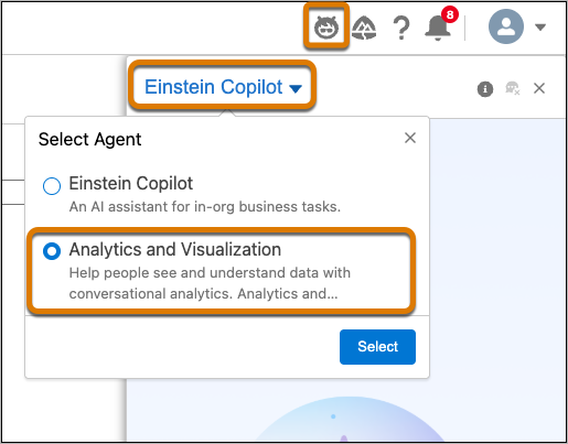 The Einstein Copilot dropdown is open, and the Select Agent menu has Analytics and Visualization highlighted.
