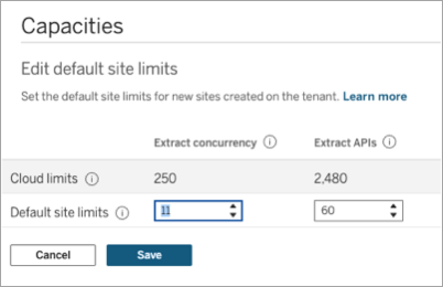 Image of the "Edit default site limits" configuraiton page in TCM's Capacities page.