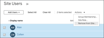 The Site Users list with the actions menu.