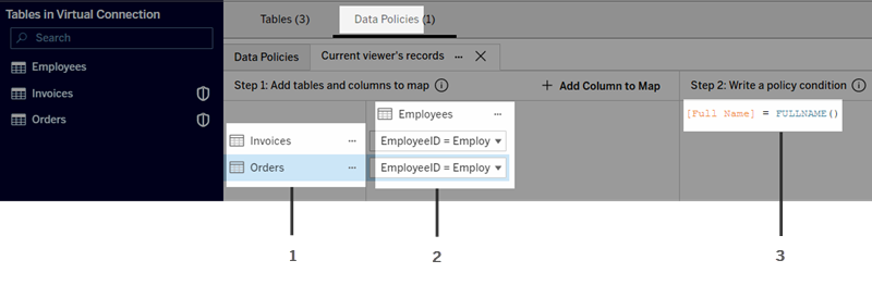 Un ejemplo de los tres componentes de una directiva de datos en el editor de conexión virtual