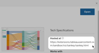 La ficha de Tableau Exchange de una extensión que muestra dónde se encuentra la URL de la sección Alojada en