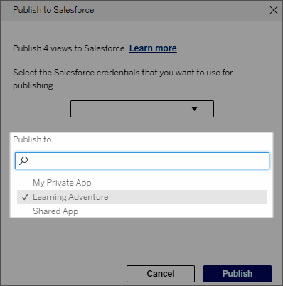 Cuadro de diálogo Publicar en Salesforce que muestra la lista de aplicaciones entre las que puede elegir.