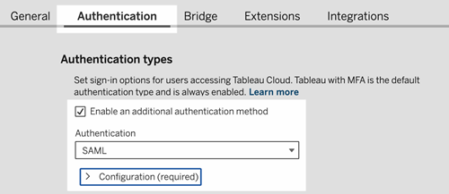 Captura de pantalla de la página de configuración de autenticación del sitio de Tableau Online