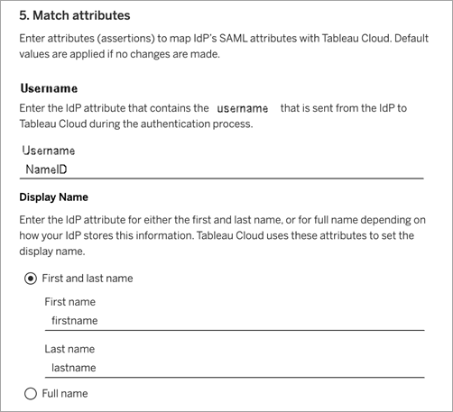 Captura de pantalla del paso 5 para configurar SAML de sitio para Tableau Online: atributos coincidentes