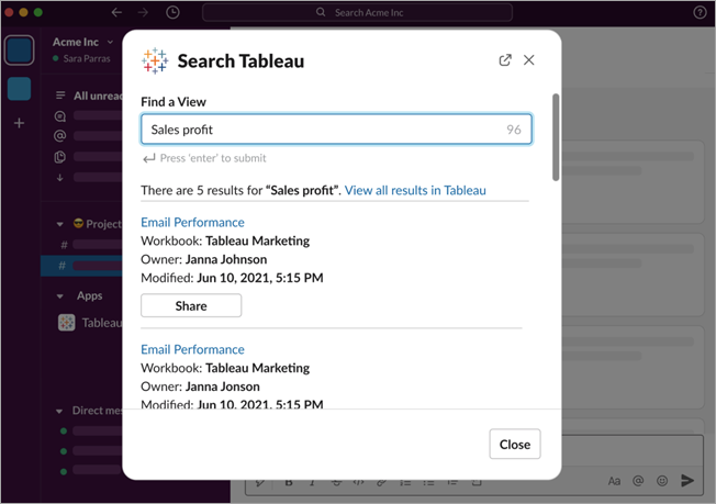 La ventana emergente Buscar en la aplicación de Tableau para Slack que muestra los resultados de dos libros de trabajo de Tableau.