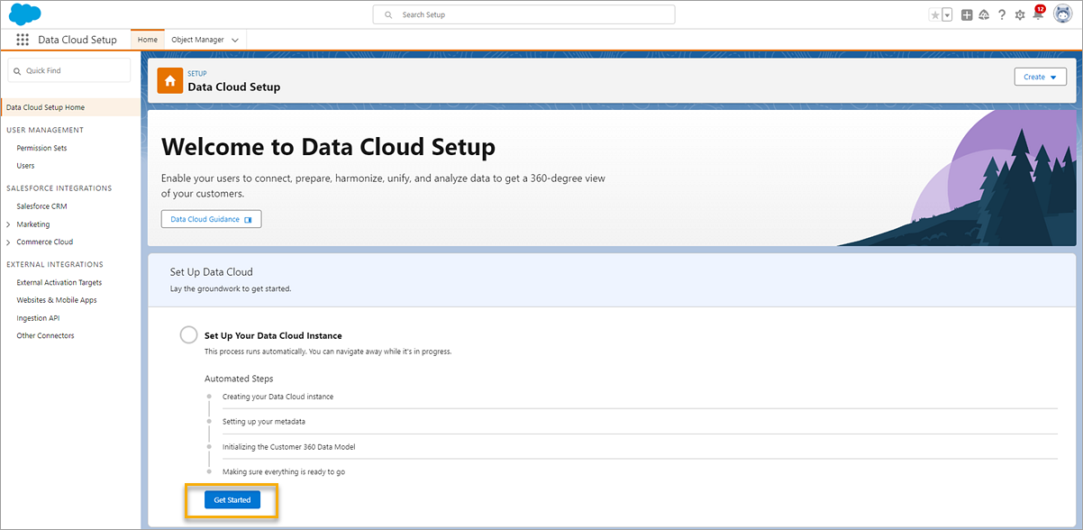 Página de configuración de Data Cloud en la organización de Salesforce.