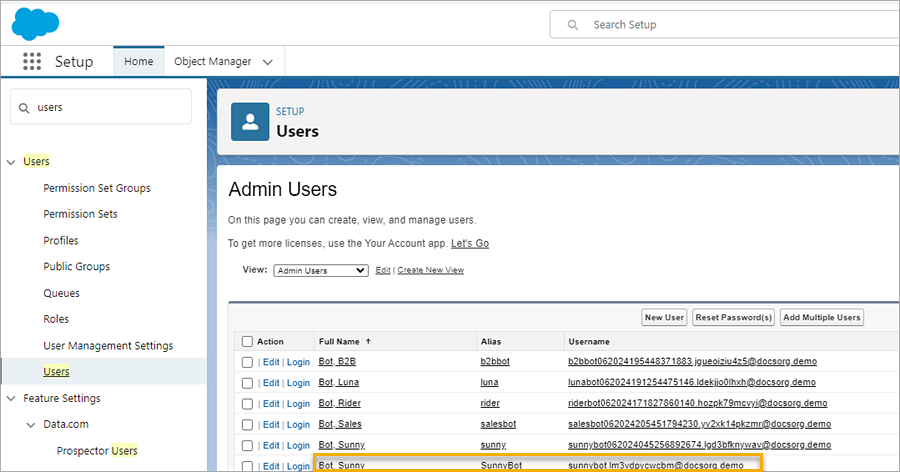 Página de lista de usuarios administradores en Salesforce.