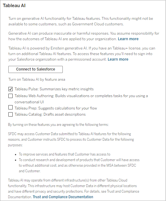 Una sección en la página Configuración del sitio, pestaña General titulada "Tableau AI", que describe las capacidades de Tableau AI, una potente herramienta de procesamiento del lenguaje natural. Esta sección incluye casillas de verificación que puede seleccionar para activar las funcionalidades de IA generatvie.