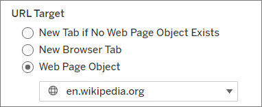 tres botones para el destino de la URL: nueva pestaña si no existe ningún objeto de página web, nueva pestaña del navegador y objeto de página web. Debajo de la opción de objeto de página web hay un cuadro desplegable para seleccionar el objeto de página web
