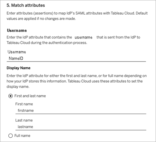 Capture d’écran de l’Étape 5 de la configuration de SAML pour le site dans Tableau Cloud - attributs correspondants