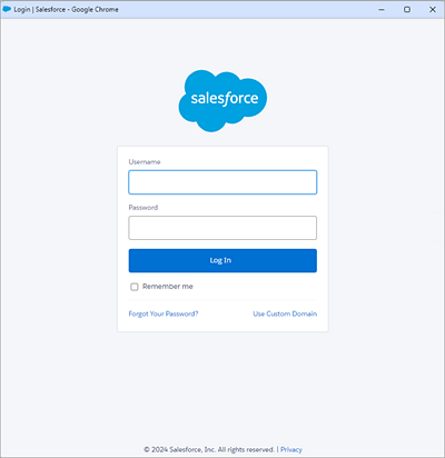 Page de connexion Salesforce avec des champs pour le nom d’utilisateur et le mot de passe ainsi qu’un bouton de connexion bleu.