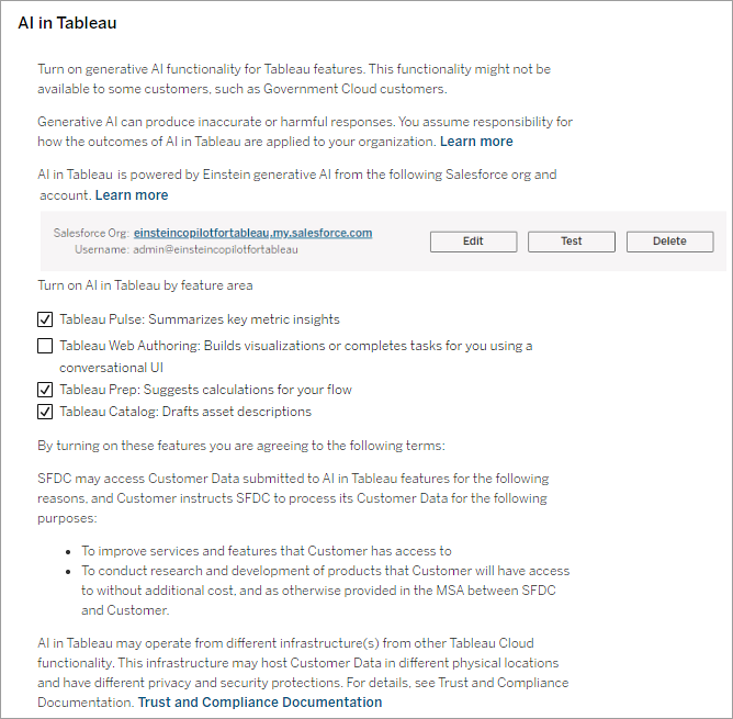 Configuration du site pour activer les fonctionnalités de l’IA dans Tableau.