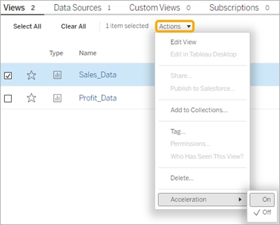 Option Accélération dans le menu Actions de la page du classeur