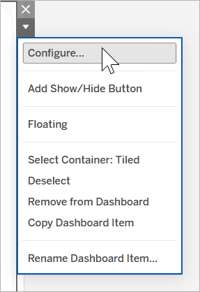 Menu contextuel de l’objet de tableau de bord