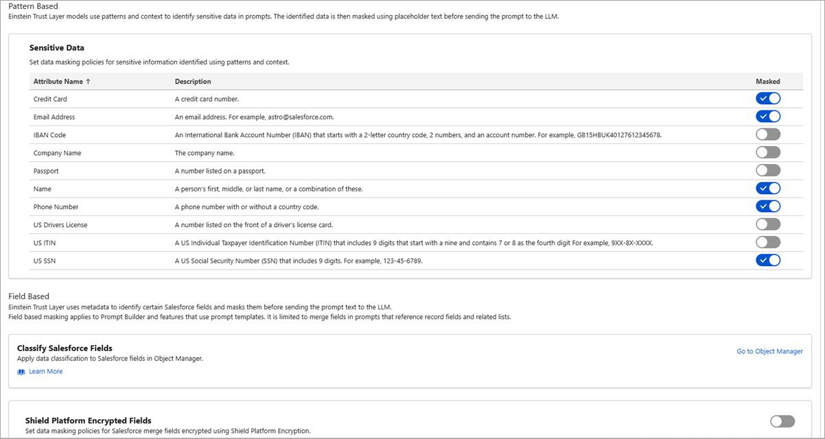 Couche de confiance Einstein et paramètres de masquage des données à caractère personnel.