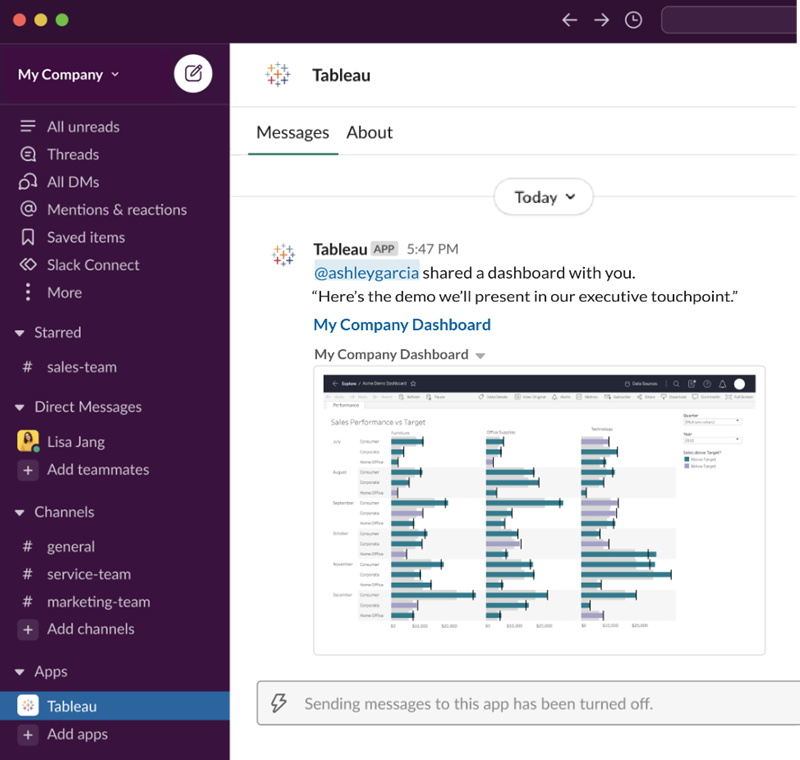 Un’anteprima Slack di una cartella di lavoro di Tableau che è stata condivisa con te