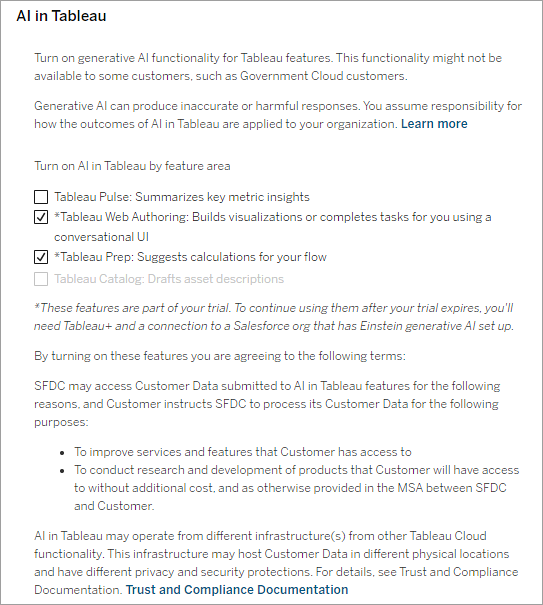 Una sezione nella pagina Impostazioni del sito, scheda Generale intitolata "IA in Tableau" dove è possibile attivare le funzionalità di intelligenza artificiale generativa per la prova.