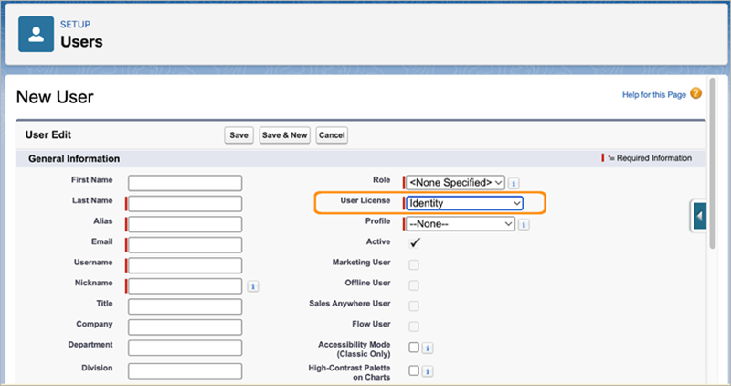 Pagina Imposta per la creazione di un nuovo utente in Salesforce. Contiene un certo numero di campi e il campo “Licenza utente” è evidenziato.