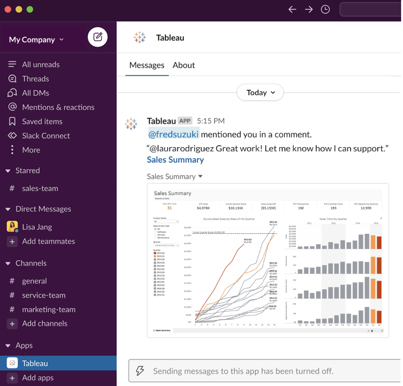 別のユーザーが Tableau のコメントであなたにメンションしたことを示す Slack 通知。