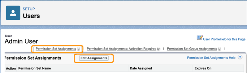 [Edit Assignments (割り当ての編集)] ボタンが強調表示された [Permission Set Assignments (権限セットの割り当て)] タブ。