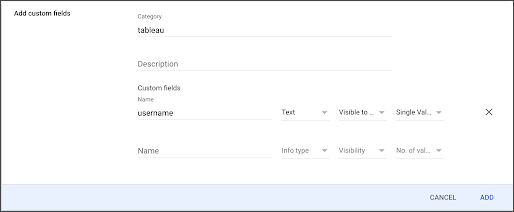 사용자 지정 필드를 추가할 수 있는 대화 상자가 있는 Google Workspace 관리 콘솔입니다.