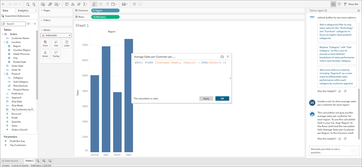 Er wordt een werkblad geopend met een staafdiagram en het dialoogvenster Berekeningseditor, waarin een berekening wordt weergegeven die is gemaakt door Tableau Agent.