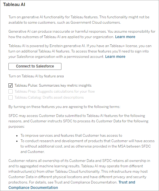 Een gedeelte op de pagina Site-instellingen, tabblad Algemeen, met de titel 'Tableau AI', waarin de mogelijkheden van Tableau AI, een krachtige tool voor natuurlijke-taalverwerking, worden beschreven. In dit gedeelte vindt u selectievakjes waarmee u de functies voor generatieve AI kunt inschakelen.