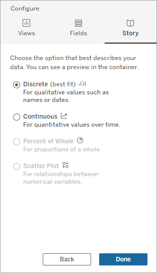 Configure o painel com opções para escolher o tipo de história que melhor se adapta aos seus dados: Discreto, Contínuo, Percentual do todo ou Gráfico de dispersão