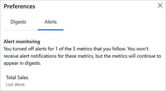 Lista de métricas com alertas desativados