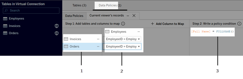 Ett exempel på de tre komponenterna i en datapolicy i redigeraren för virtuella anslutningar