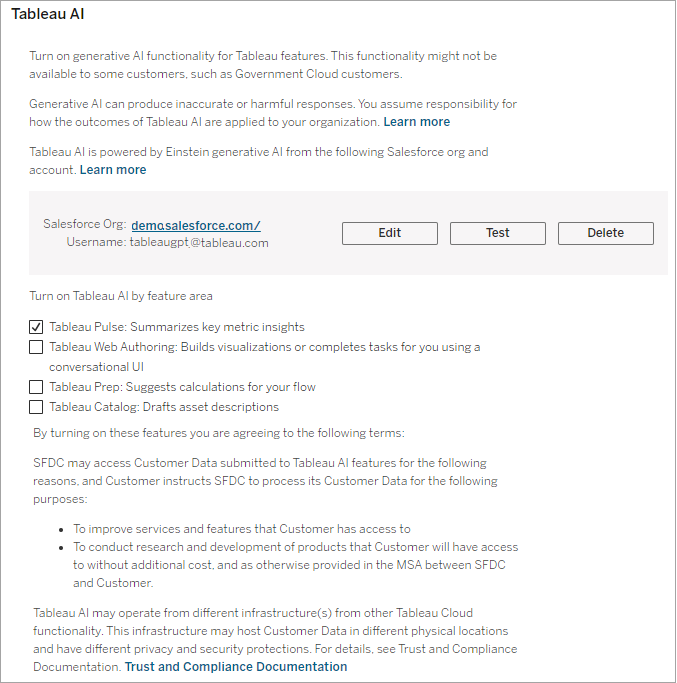 ฟีเจอร์ที่สามารถเปิดใช้งานสำหรับ Tableau AI