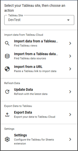 Google Sheets 中的 Tableau 加载项扩展程序，用于导入和导出数据。