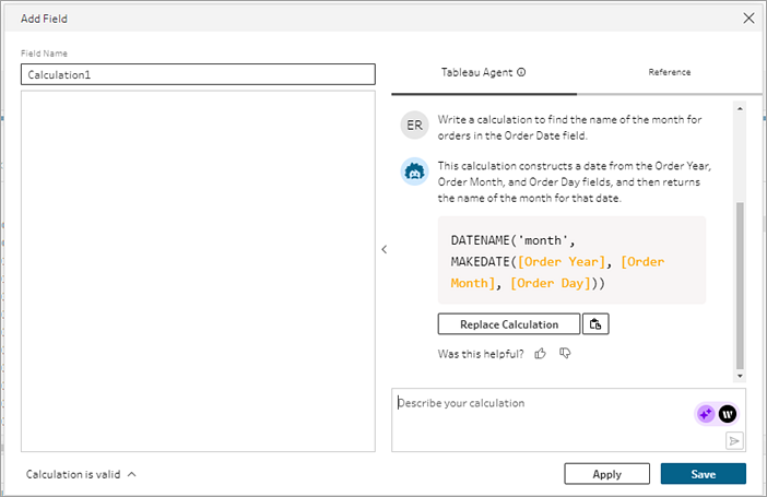 Der Berechnungseditor von Tableau Prep zeigt, wie Tableau Agent einen Berechnungsvorschlag zurückgibt.