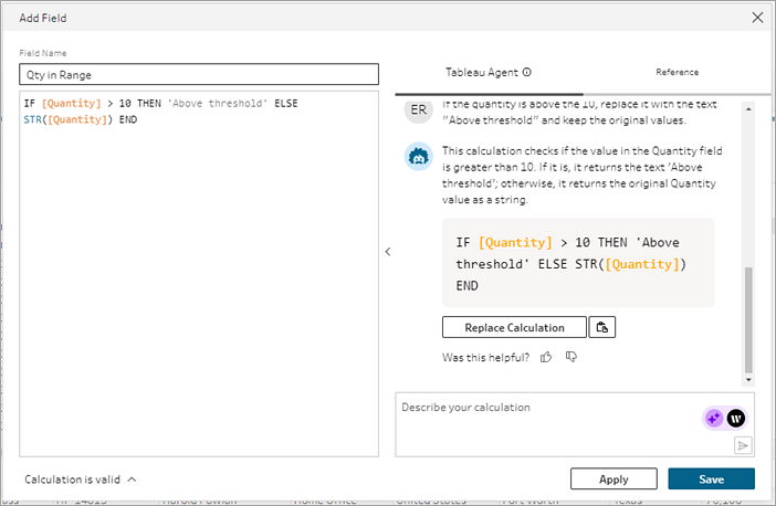 Der Berechnungseditor von Tableau Prep zeigt Vorschläge von Tableau Agent für eine aktualisierte Berechnung.