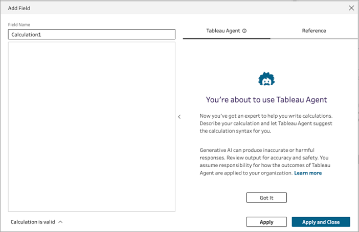 Der Berechnungseditor mit der angezeigten Registerkarte „Tableau Agent“.