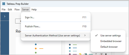 Menü mit Serverauthentifizierungsmethoden in Tableau Prep Builder.