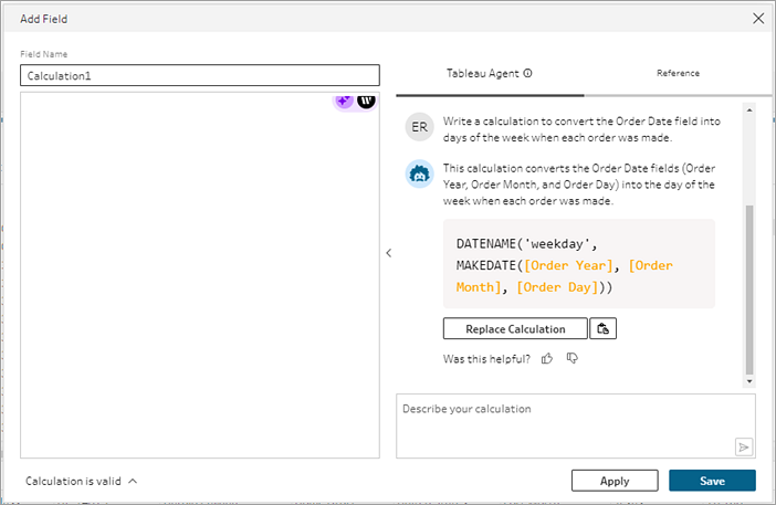 Tableau Prep calculation editor showing Tableau Agent calculation response.