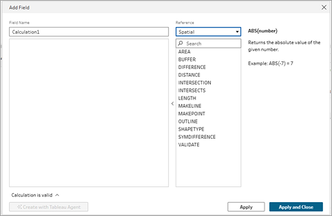 The calculation editor dialog showing Spatial calculation options.