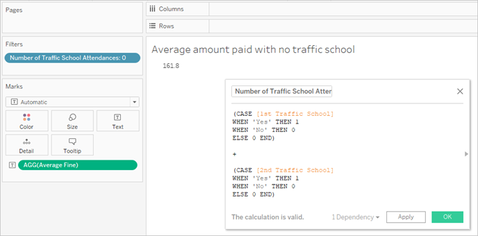 Single number view of the average amount paid with the calculation editor open to show Number of Traffic School Attendances