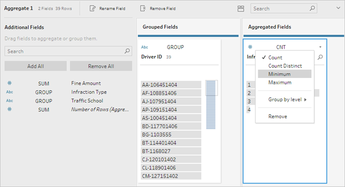 The Aggregate step configuration pane showing the correct layout of fields