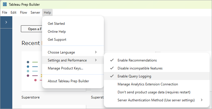 Help menu in Tableau Prep showing Setting and Performance menu options.