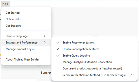 Tableau Prep Settings and Performance menu.