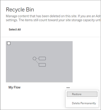 Recycle Bin page showing the flow's More Actions menu to restore a deleted flow.