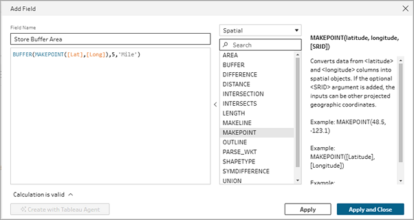 Tableau Prep calculation editor showing the BUFFER spatial function and syntax example.