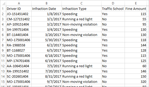 Vista previa del conjunto de datos de infracciones de tráfico